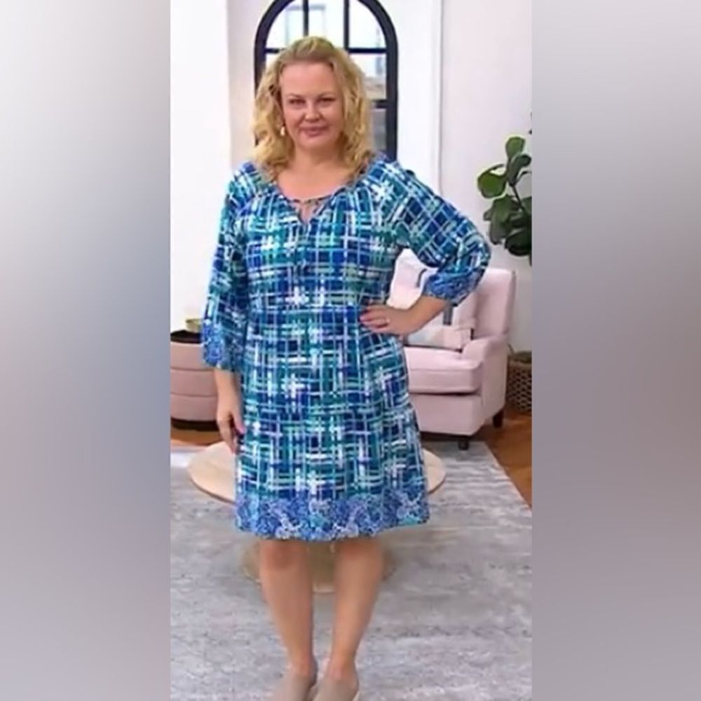 NWT Isaac Mizrahi Women's Blue Pattern Long Sleeve Midi Dress Pockets Size Large - Picture 4 of 8
